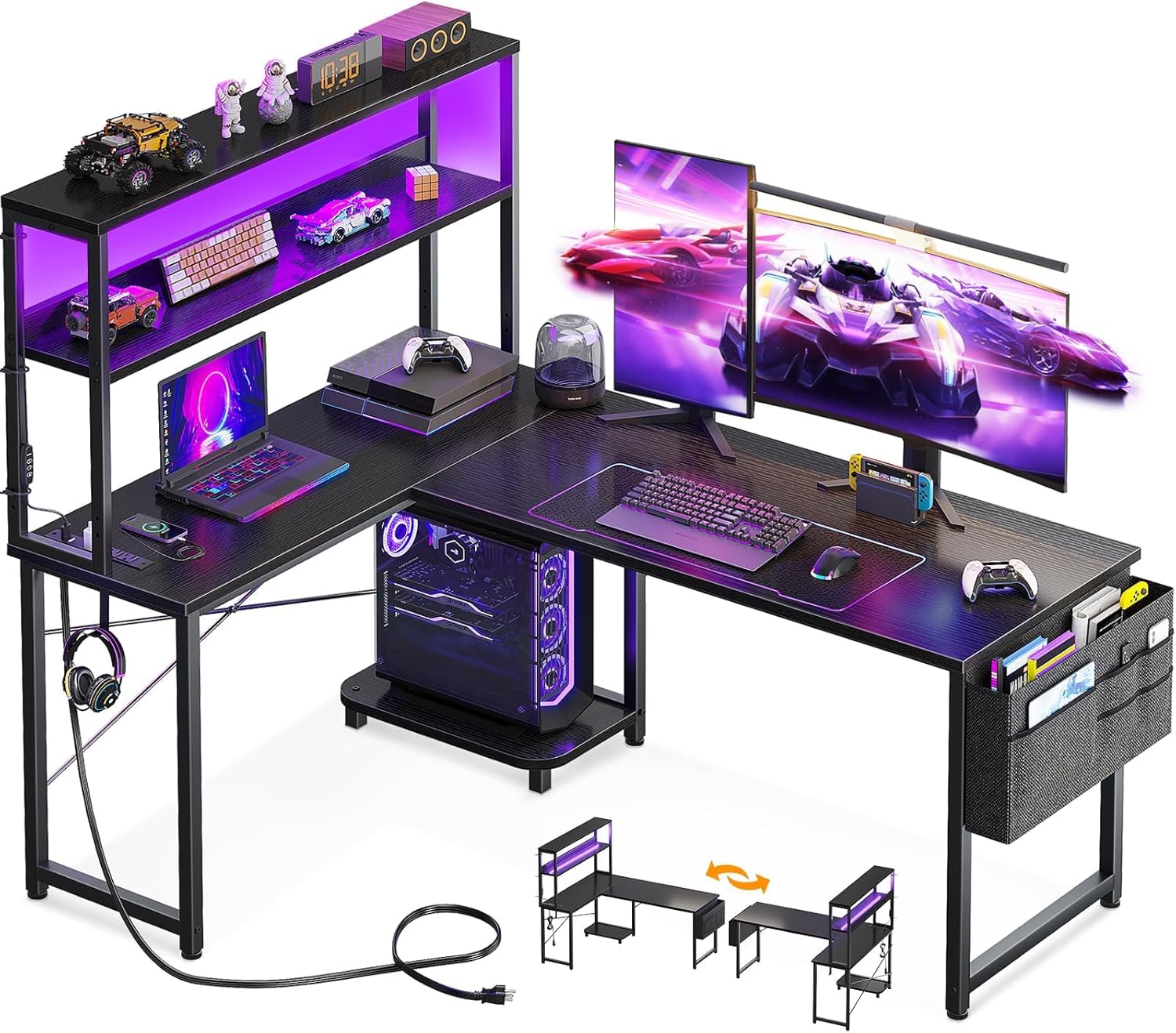 Desk Setup Black - L Shaped Desk with LED Lights