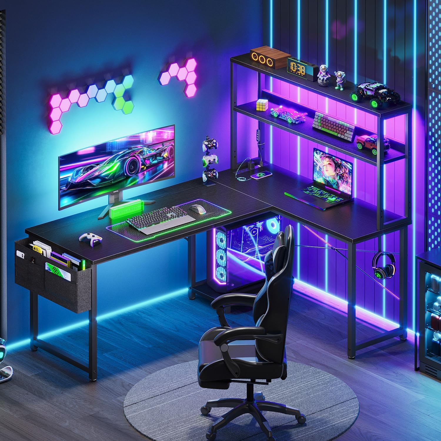 L Shaped Desk with LED Lights  - Desk Setup Black recensie en prijs