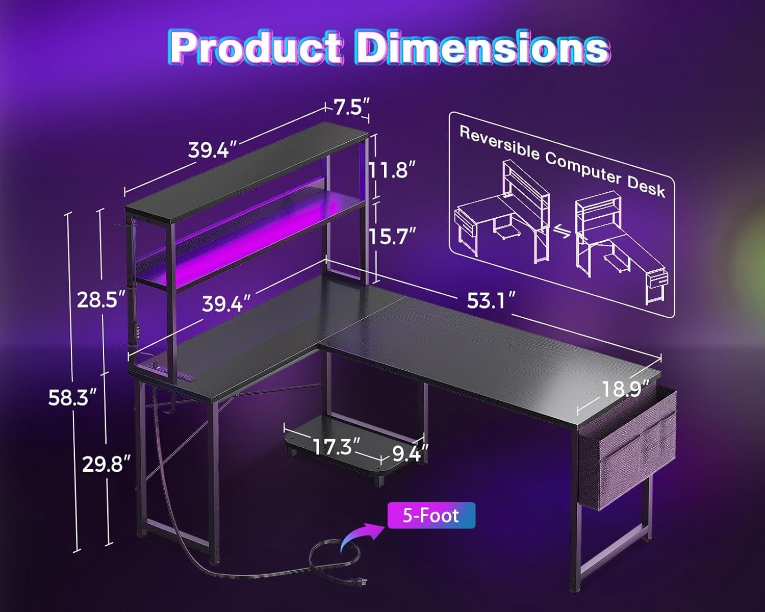 L Shaped Desk with LED Lights  - Desk Setup Black recensie en prijs